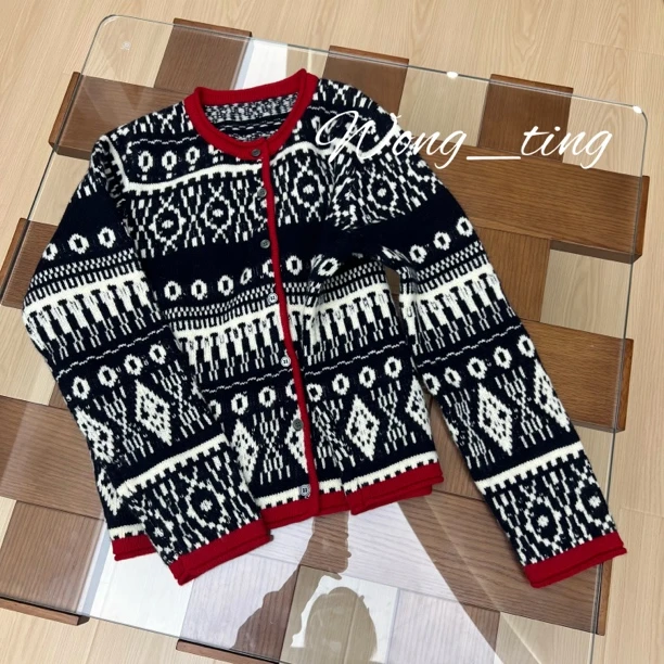 Wong_ting小众设计师韩系撞色提花宽松百搭羊毛衫长袖开衫12165