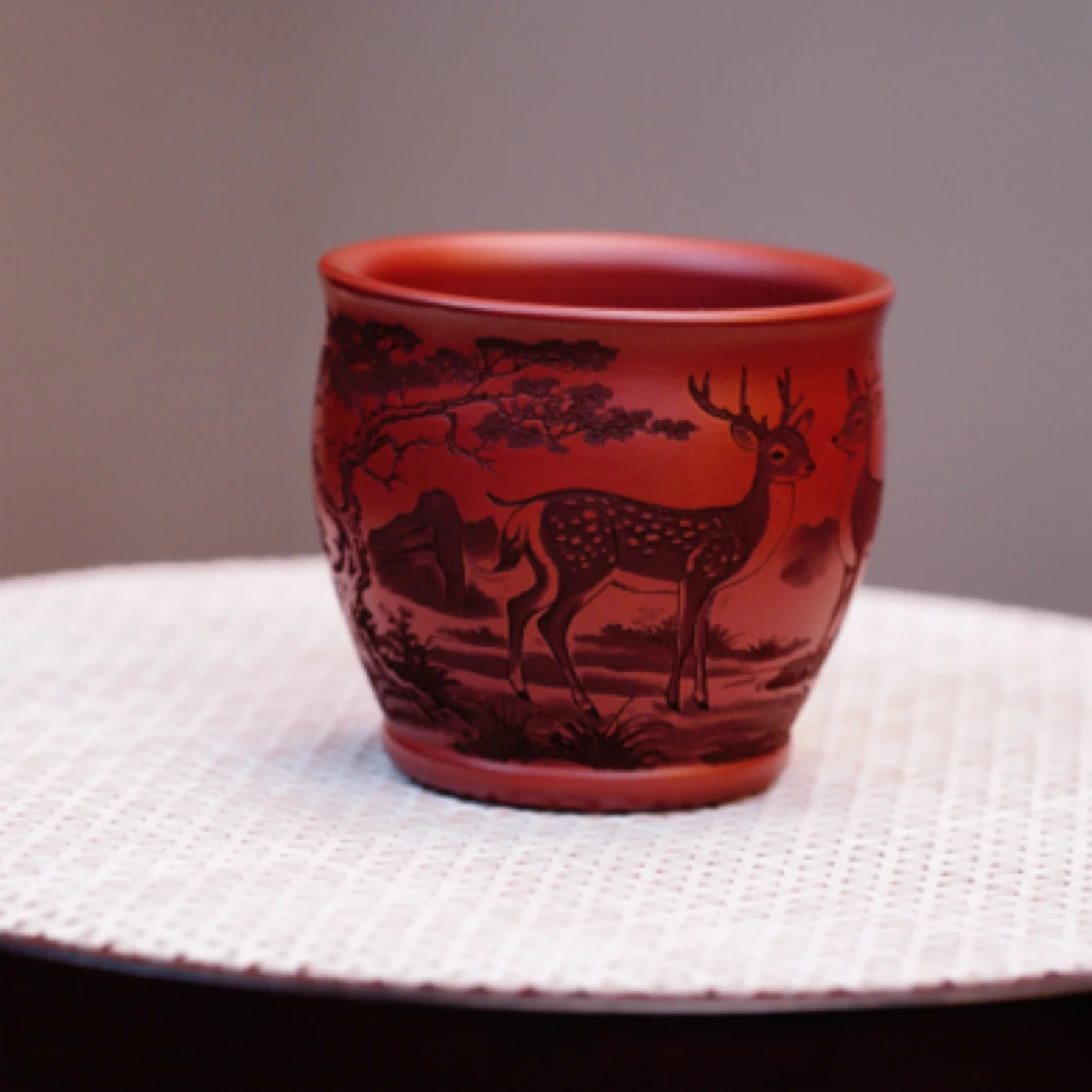 宜兴原矿紫砂主人杯茶具纯手工龙血砂鹿杯紫砂杯茶杯手绘全手工