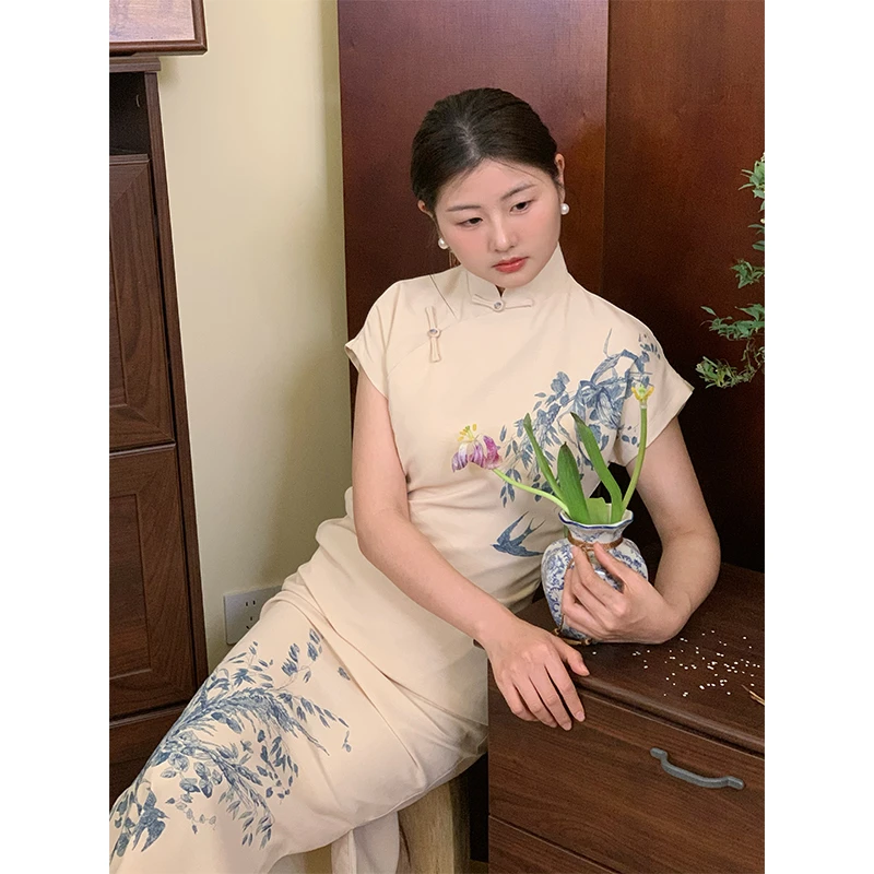 向南飞FLY《踏雀枝》日常新中式古法长款旗袍气质复古国风连衣裙女