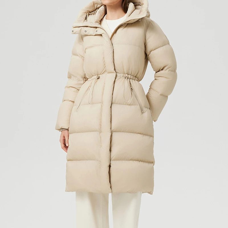 「TDT」冬季新品连帽长款收褶收腰哑光保暖羽绒服外套女款YR25198