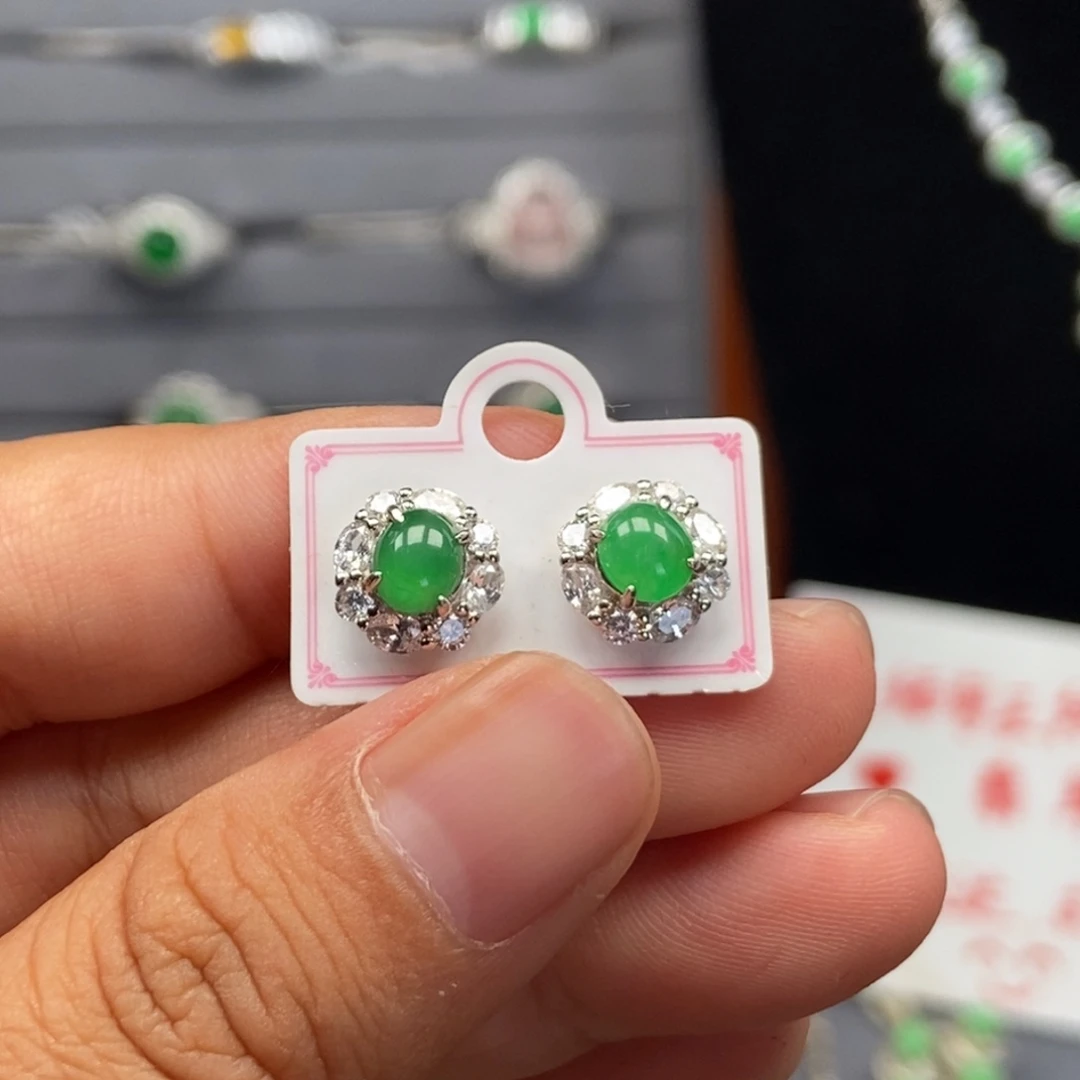 翡翠银S925镶嵌耳饰多样性发货