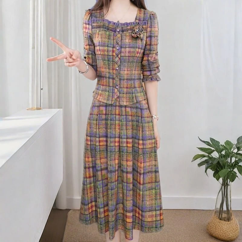 2025秋季方领长袖上衣半身裙两件套复古新款时尚拼色格纹套装裙女