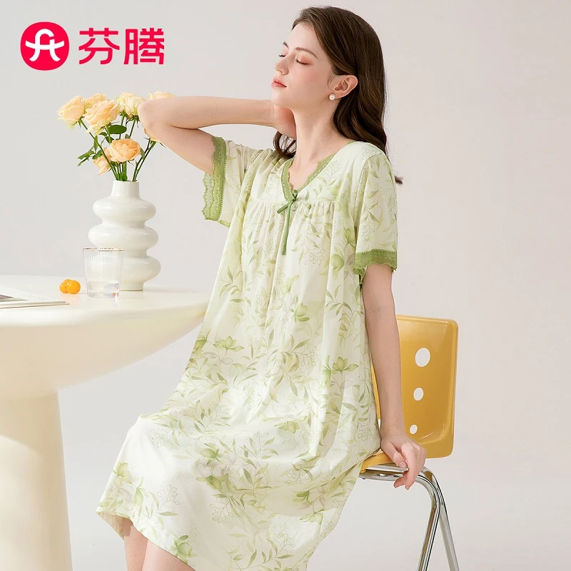 芬腾【柔软新疆棉】夏季新品V领短袖外穿高级感睡裙新品中长裙