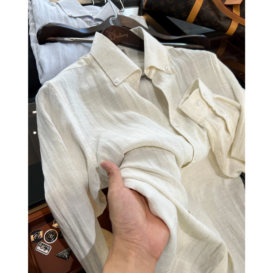 绅士老钱风~高级感天丝莱赛尔亚麻料古巴领衬衫男长袖宽松夏季薄