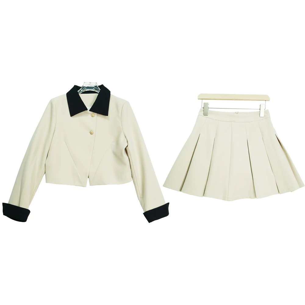 小香风翻领杏色气质高级感不规则减龄套装E23091