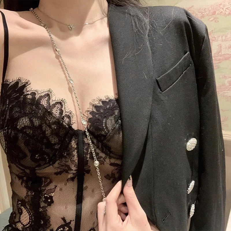 蕾丝吊带背心女外穿美背文胸一体西装内搭打底鱼骨法式带胸垫上衣