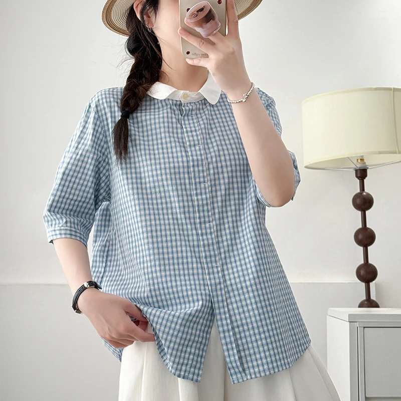 清新海盐风时尚休闲小格子圆领夏季纯棉短袖衬衣小众漂亮女士衬衫