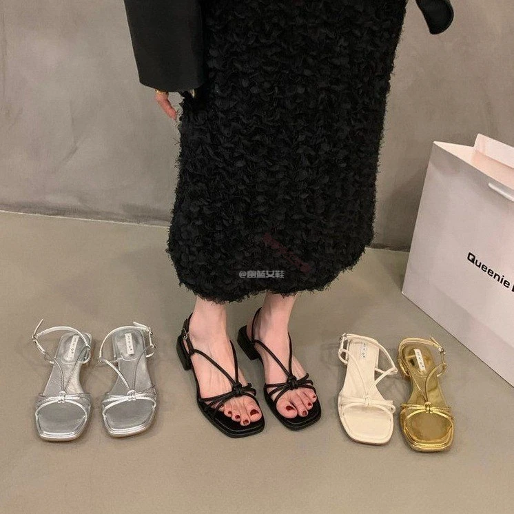 罗马鞋胶粘时装凉鞋黑色绑带凉鞋平底时尚凉拖凉鞋百搭外穿仙女风