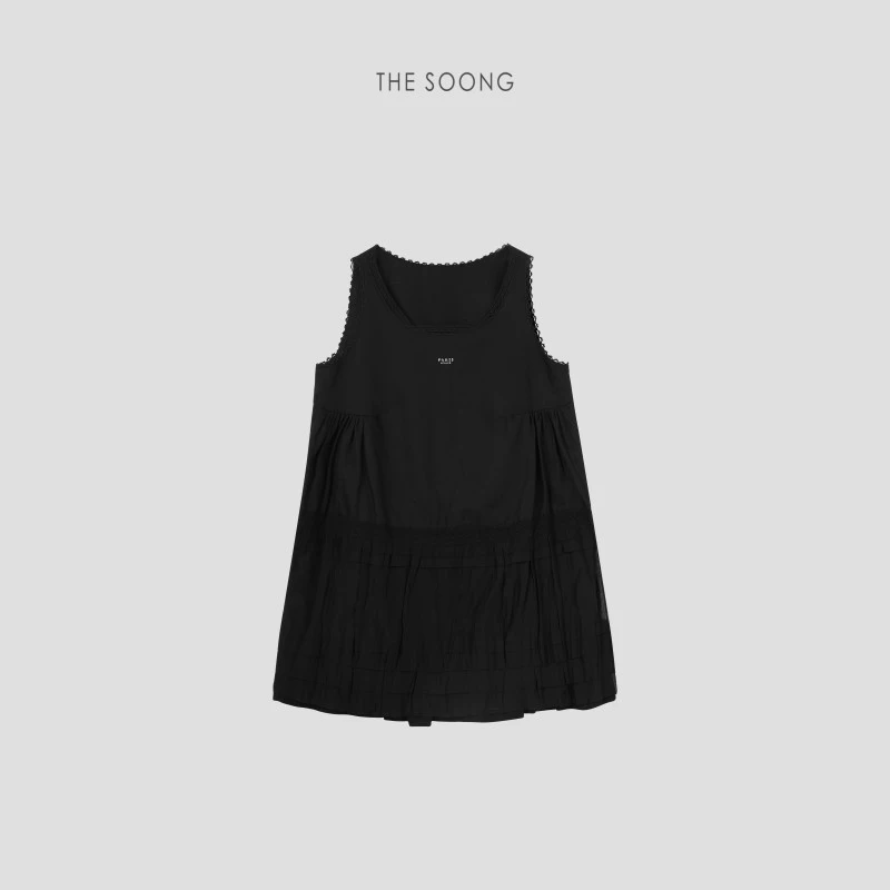 THESOONG|"田园小黑裙"天然亚麻手工压褶荷叶边层次感连衣裙Z7158