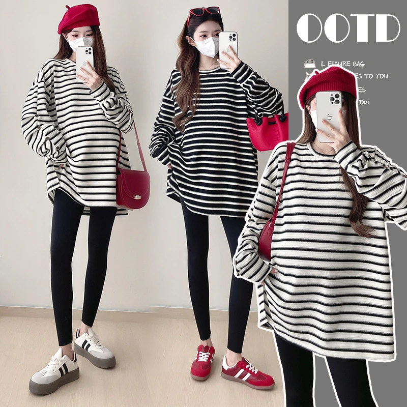 孕妇装2025春秋季新款圆领条纹宽松显瘦T恤设计感袖口卫衣中长款