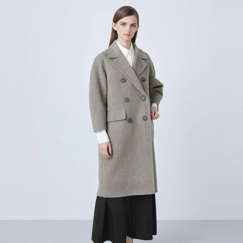 S·DEER圣迪奥休闲西装领双排扣经典直筒长款毛呢大衣S21481831