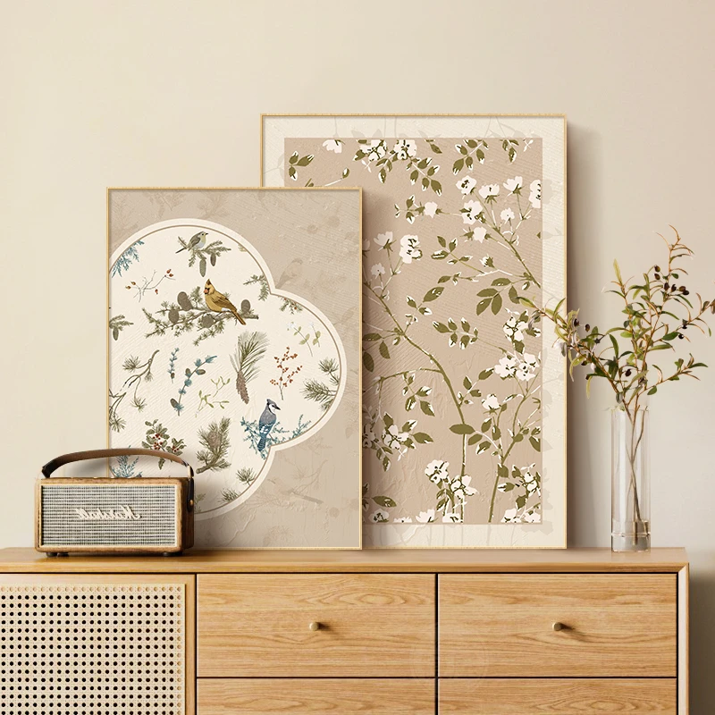 法式奶油风装饰画花鸟中古风客厅桌面摆画复古电视斗柜原木风挂画