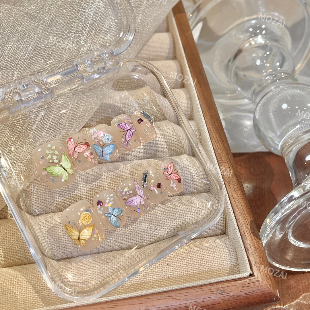 茉哉高定【水彩手绘/彩蝶】纯手工定制美甲穿戴甲F0059 t