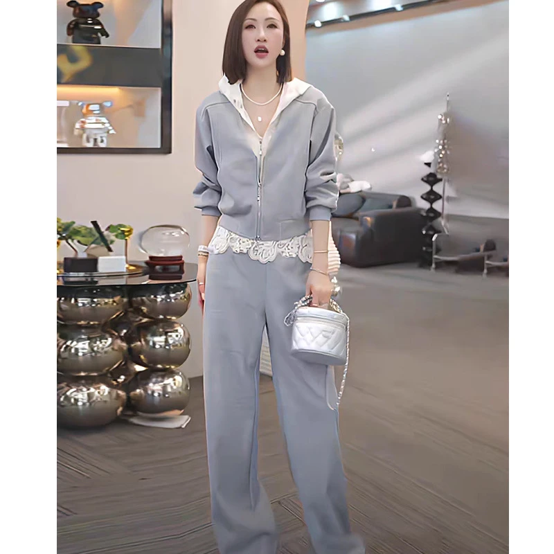 爆款假两件蕾丝连帽卫衣气质蕾丝拼接阔腿裤时尚休闲运动套装女春