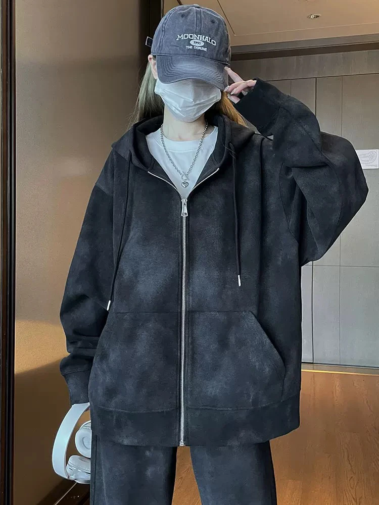 （塔苏）新款染脏脏开衫卫衣重磅连帽外套