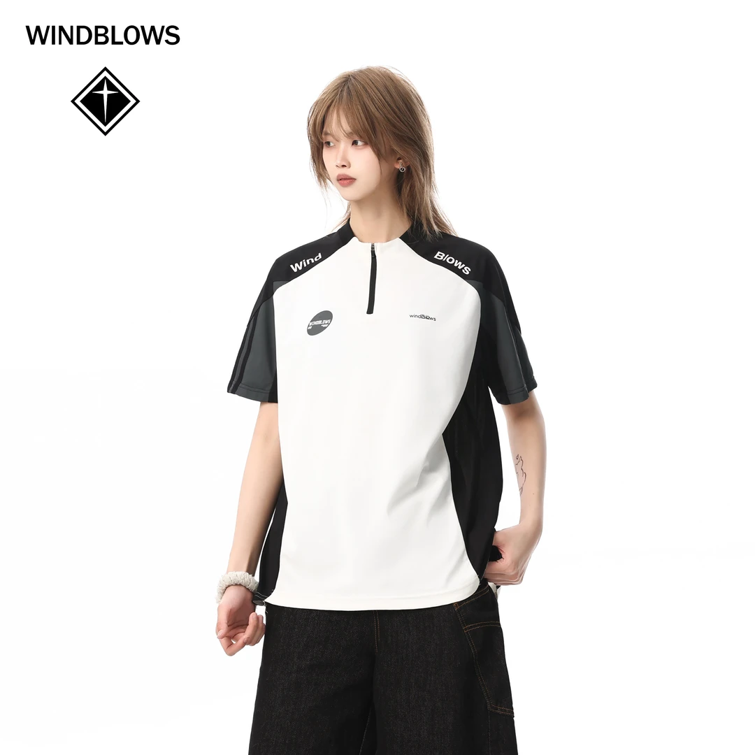 WIND BLOWS2025夏季250g半拉链撞色拼接户外运动凉感球衣短袖T恤
