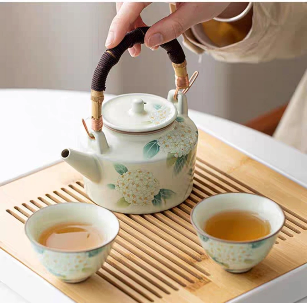 米黄汝窑提梁壶茶壶茶杯泡茶家用功夫茶具水杯开片一壶俩杯大容量