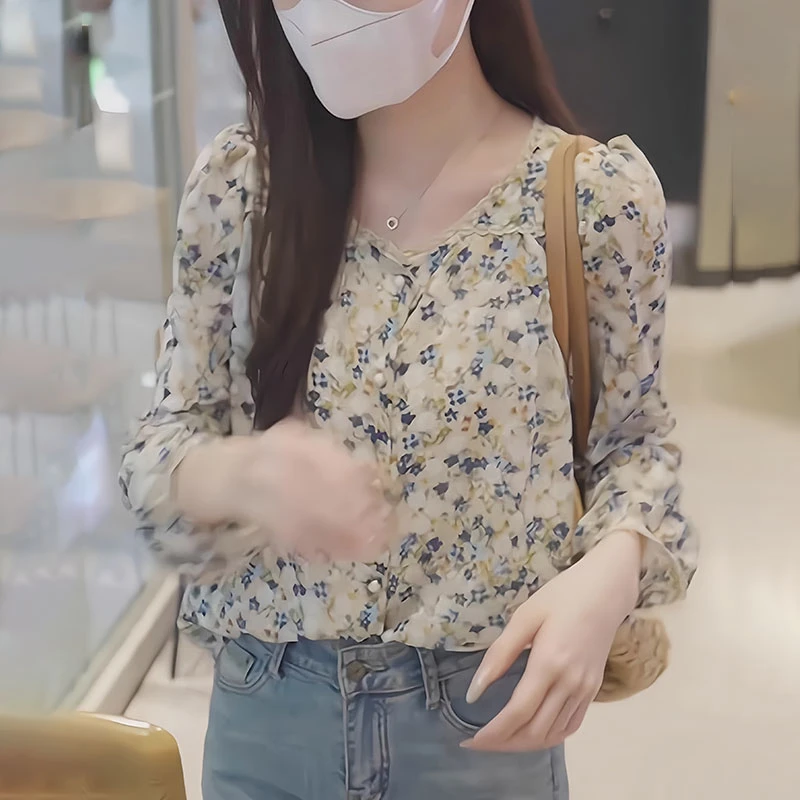 女士碎花雪纺衫夏季2025时尚减龄百搭显瘦甜美小衫设计感长袖上衣