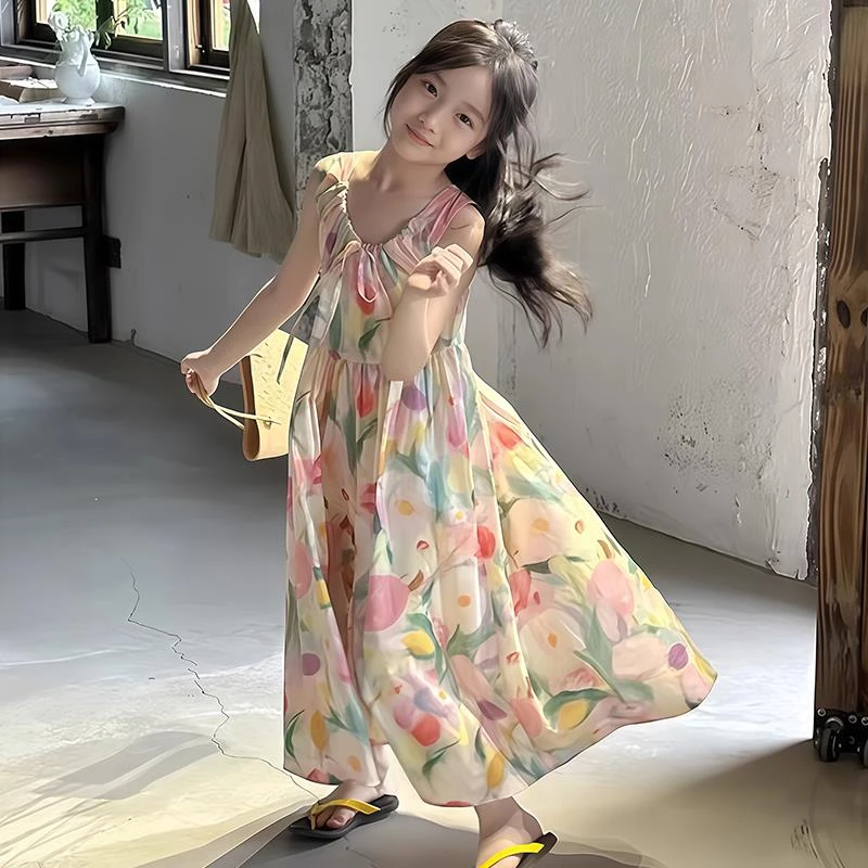 女童连衣裙夏季2025新款儿童洋气背心公主裙子女孩夏装度假沙滩裙