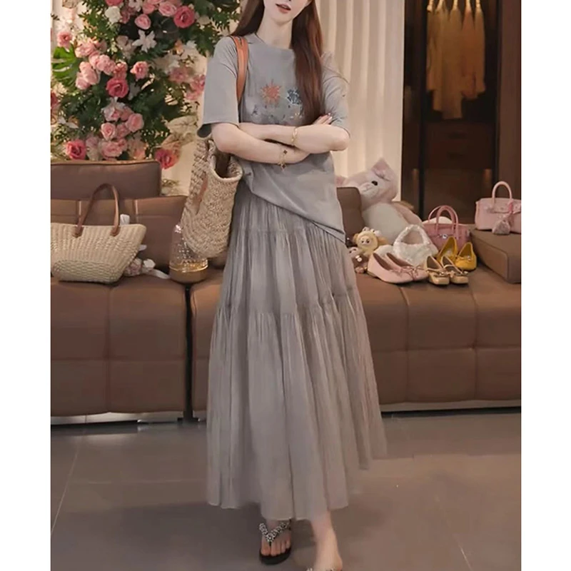 慵懒风通勤套装女2025夏季新款复古印花短袖T恤流半身裙两件套女