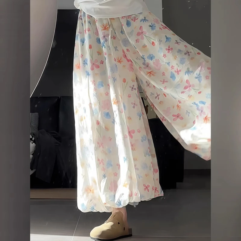 甜美彩色花苞裙裤女2025夏季新款高腰宽松休闲显瘦百搭温柔阔腿裤