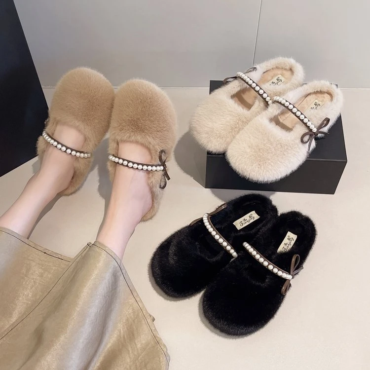 法式珍珠包头毛毛拖鞋女外穿2025新款秋冬天一脚蹬孕妇毛绒棉拖鞋