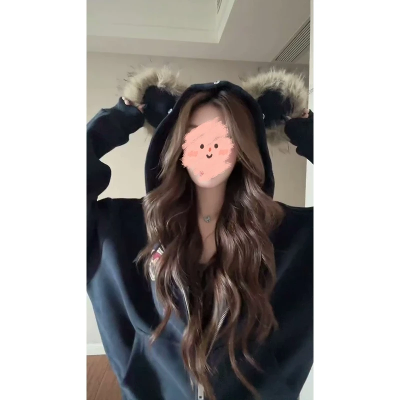 潮牌高街连帽卡通小熊卫衣女秋季2025新款宽松长袖开衫高级感外套