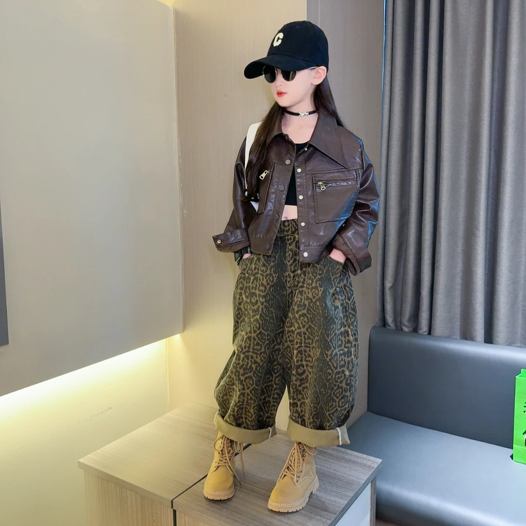 女童皮衣外套秋装2025新款韩版洋气秋季短款夹克上衣豹纹萝卜裤潮