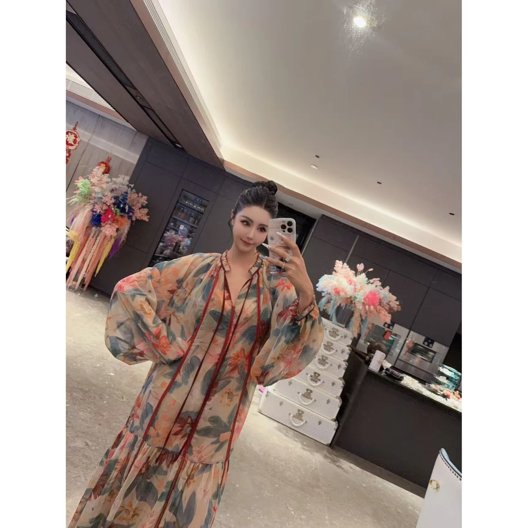 S300【花海女王】红穗穗满身花朵领褶褶蓬蓬袖连衣裙