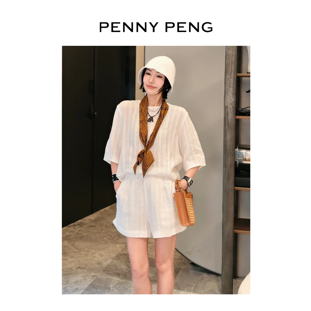 PENNYPENG体感18度夏季法式简约洋气百搭慵懒风白色简约亚麻套装