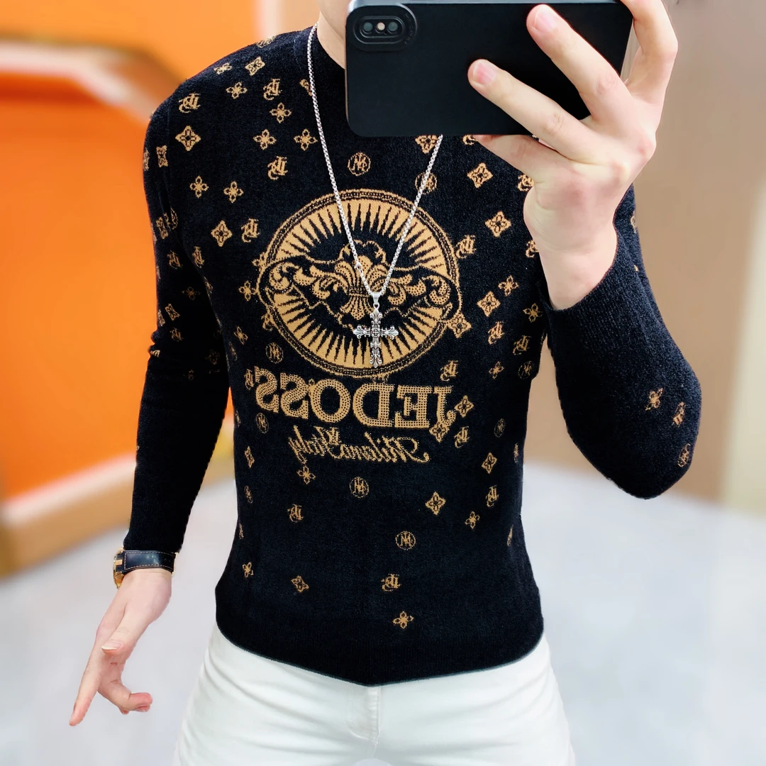 阿凯严选-欧货冬季新款男士针织潮流时尚天鹅绒长袖打底毛衣