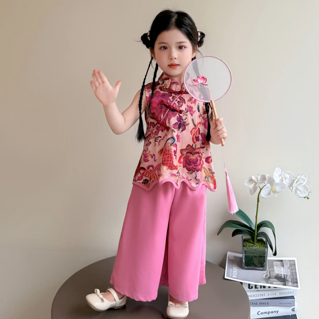 女童新中式套装洋气儿童夏季新款女宝宝国风阔腿裤两件套小女孩潮