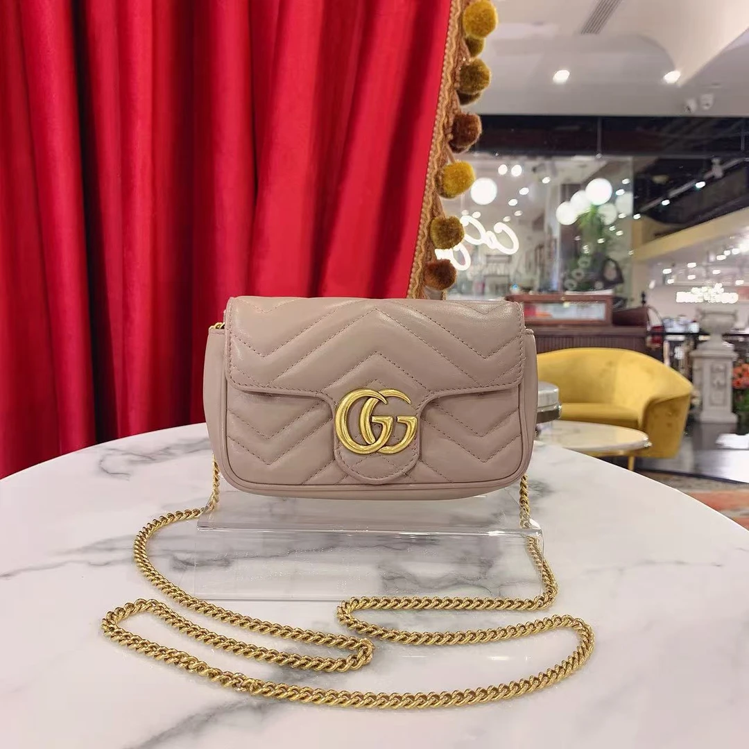 95新 GUCCI/古驰 GGS古驰马蒙super mini奶茶色金扣单肩39400318