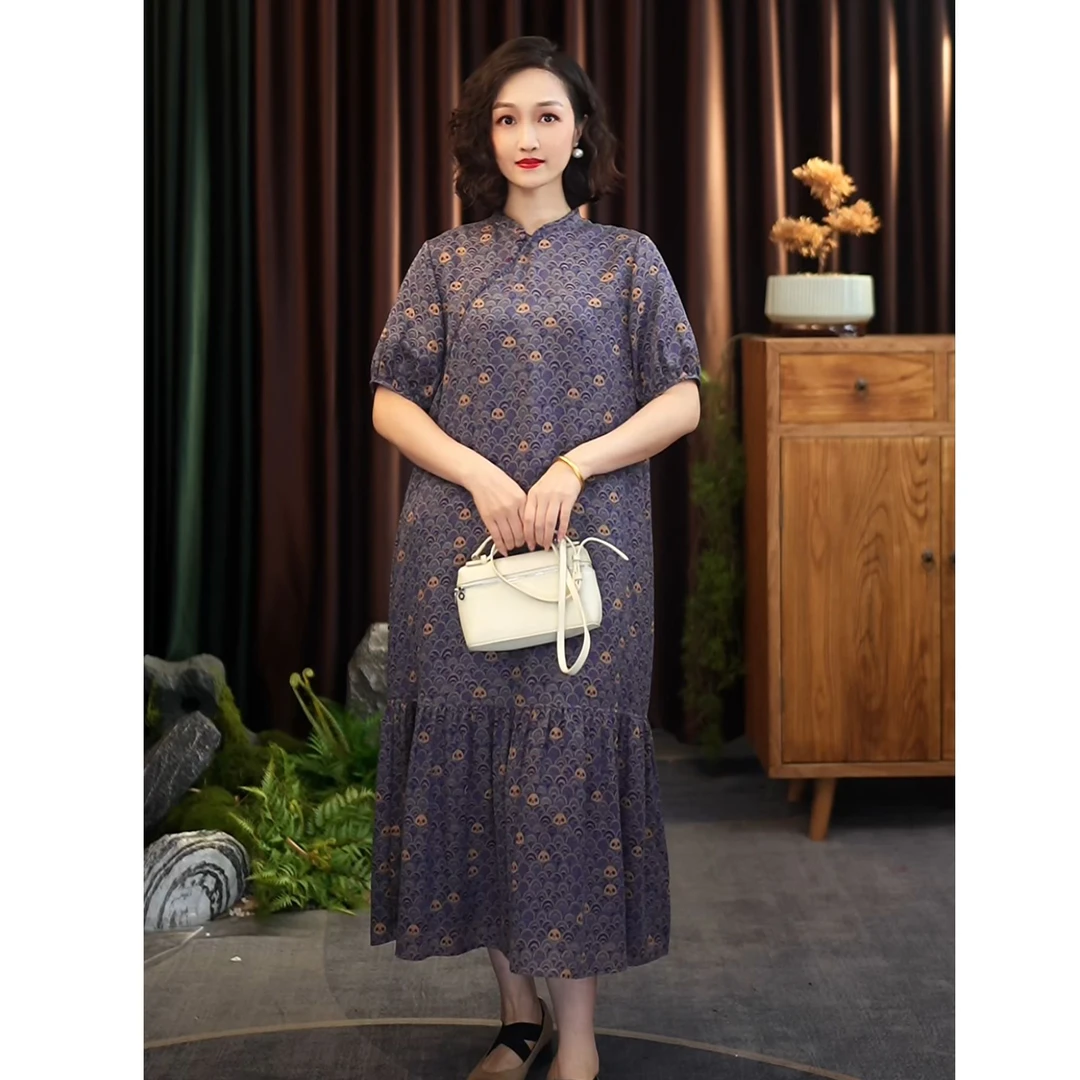 【辰辰高定】熊猫 气质中式显瘦款桑蚕丝红云纱连衣裙女Y20B565