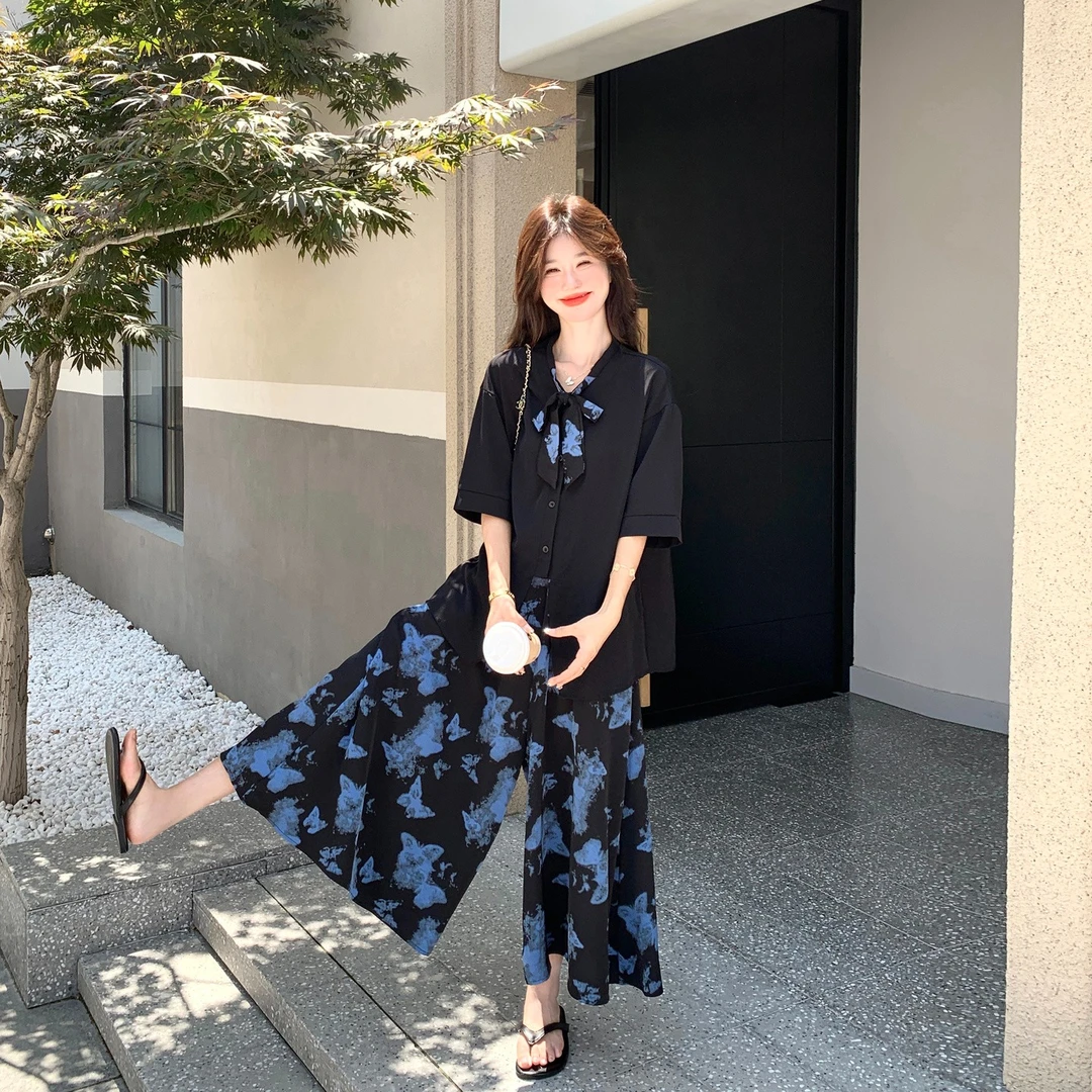 韩系温柔风蝴蝶结系带上衣套装女夏季2025新款印花阔腿裙裤两件套