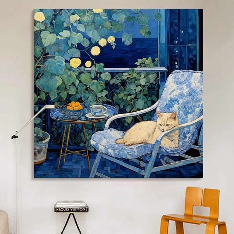 可爱白色小猫马蒂斯小众装饰画中古风治愈系客厅玄关卧室壁挂画