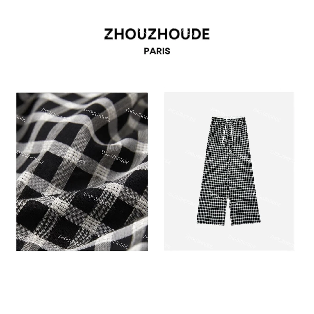 ZHOUZHOUDE【街头画刊】封神黑白格百搭慵懒风撞色双腰头高腰阔腿裤