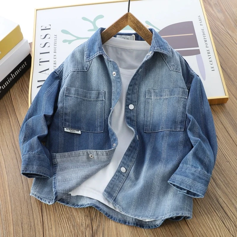 儿童牛仔衬衫春秋季中大童长袖衬衫男女童时尚洋气休闲薄款外套潮