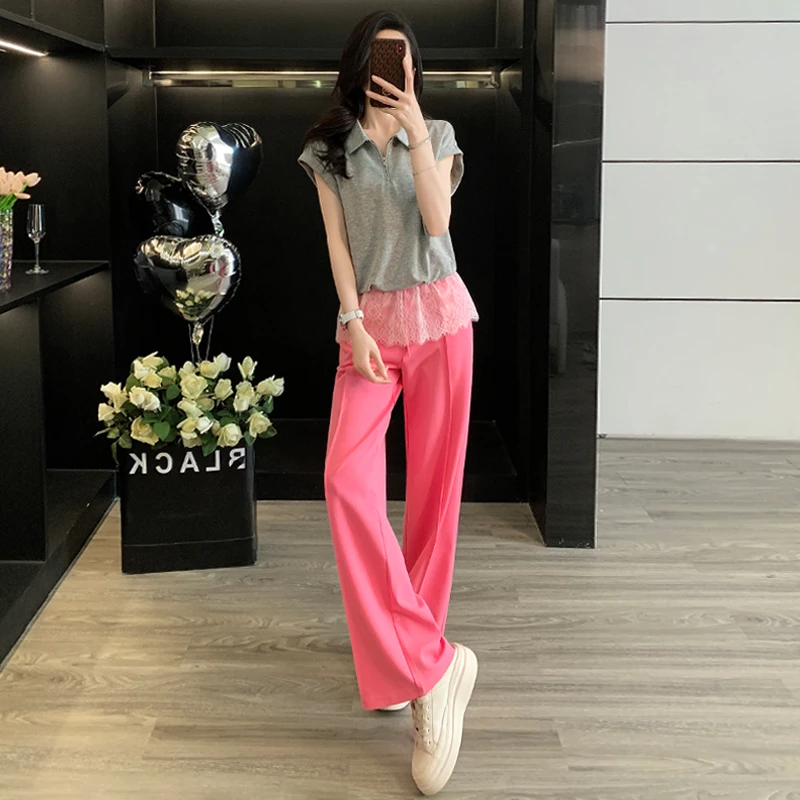 韩系时尚休闲套装女夏新季款百搭显瘦半开领蕾丝短袖阔腿裤两件套