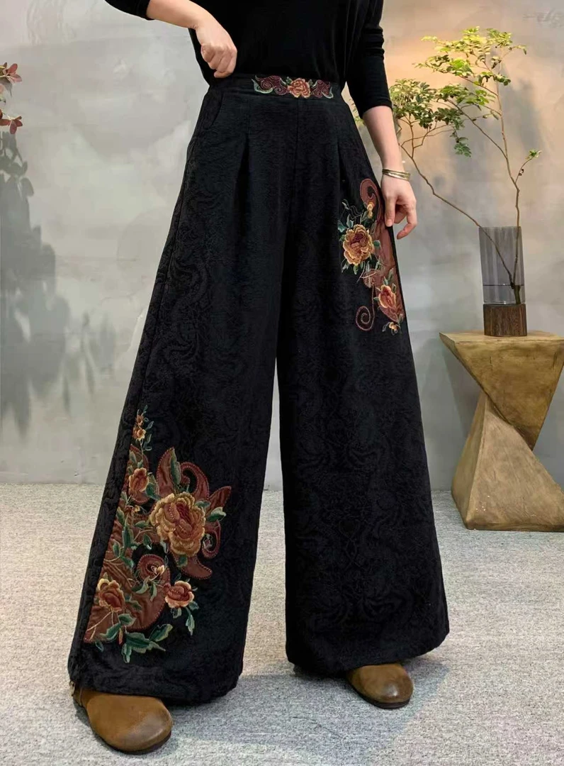 《唐序》-冬序  秋冬民族风刺绣牡丹宽松显瘦国风高腰阔腿裤中式