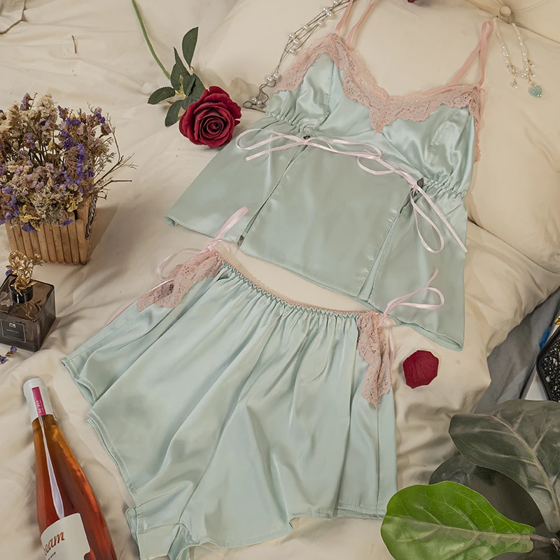 语萱娜【100-210斤】大码女士蕾丝胖妹吊带短裤睡衣两件套装AXSY027