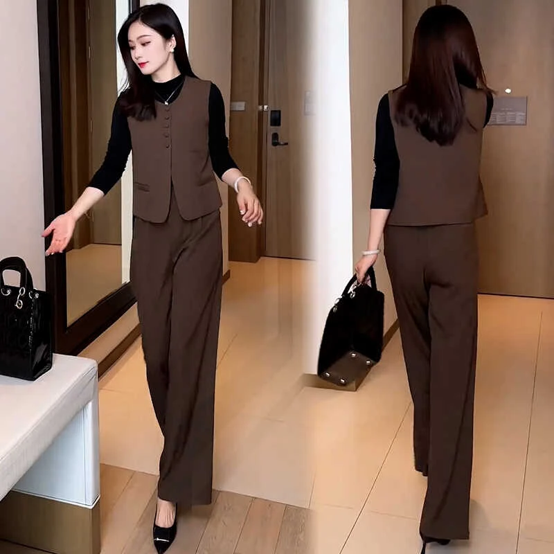 拉夏贝尔时尚套装2025秋季新款洋气质西装马甲打底衫阔腿裤三件套