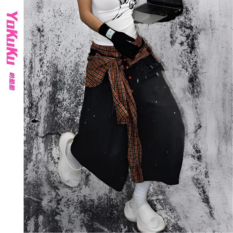 哟酷酷（无心风月）牛仔八分裤美式复古撞色格仔衬衣改装泼墨120