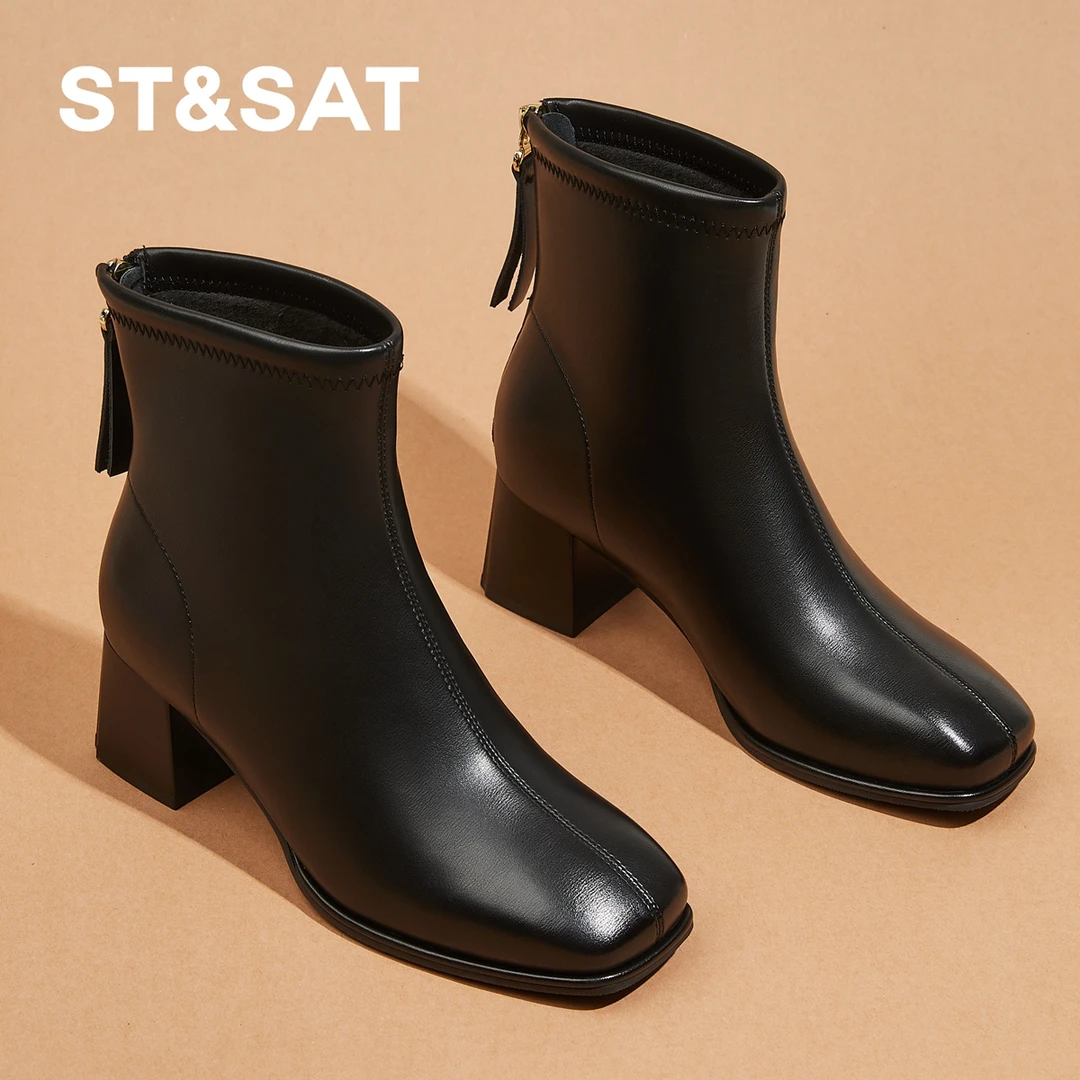 星期六小方头真皮女鞋冬季新款复古时装靴粗跟不累脚增高加绒短靴