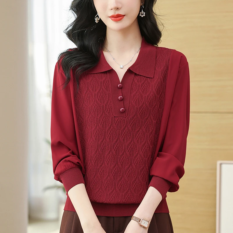 Polo领打底衫女春秋2025新款大码红色毛衣宽松显瘦洋气针织衫上衣