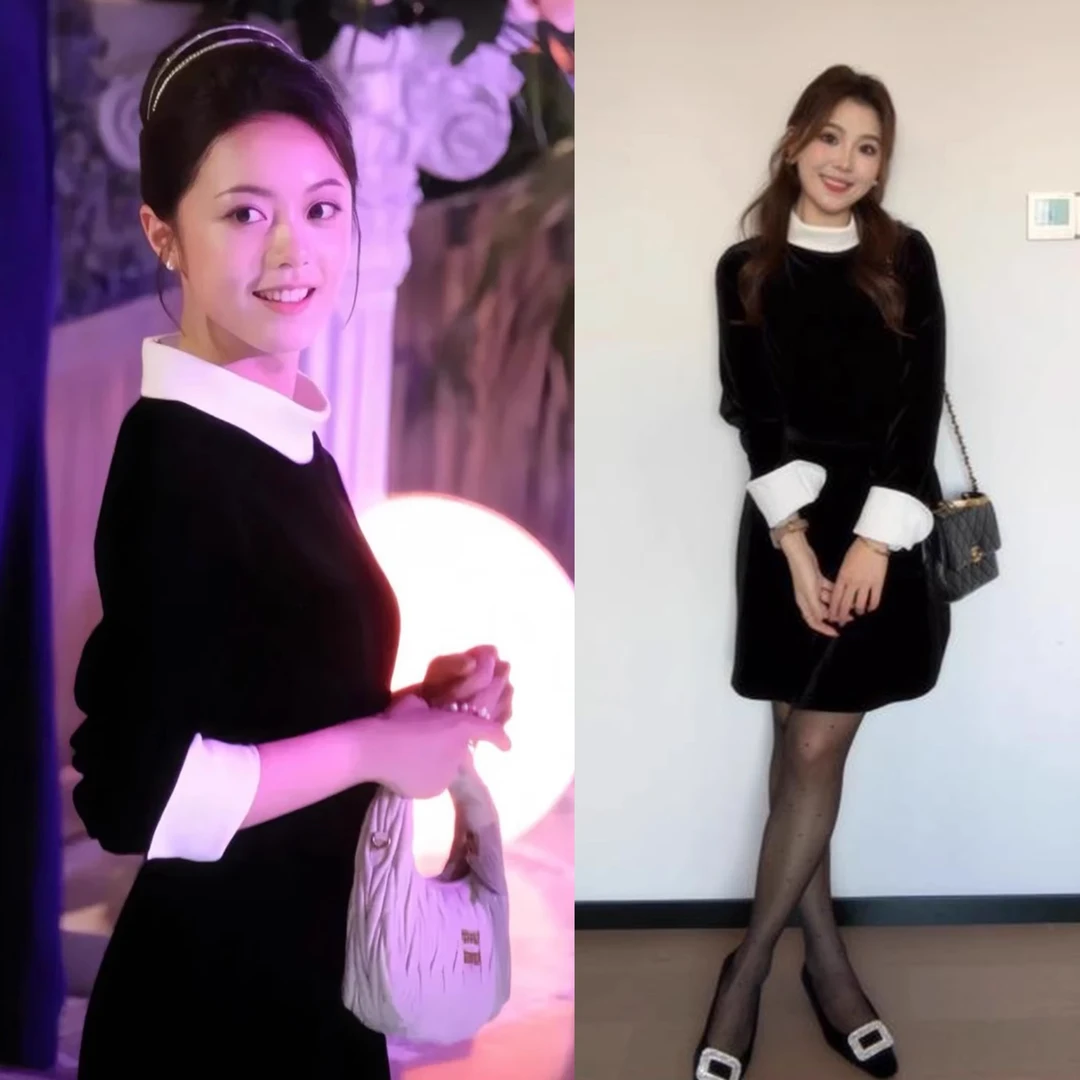 赵今麦明星同款赫本风气质通勤立领丝绒连衣裙生日party礼服裙女