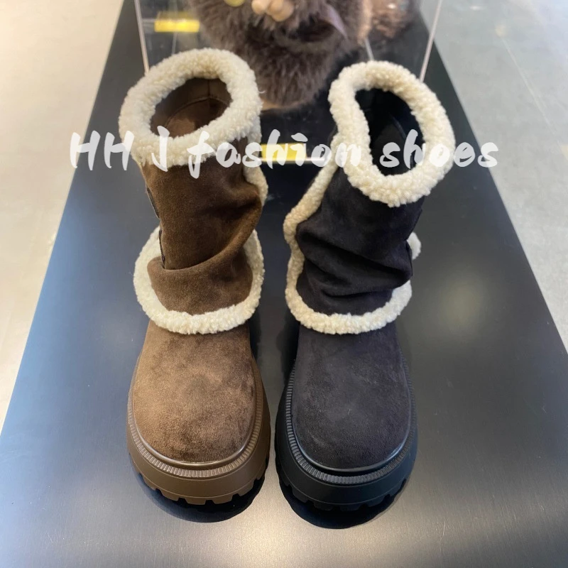 蝶澳真皮厚底加绒中筒雪地靴女2025新款冬季保暖皮带扣毛毛棉短靴