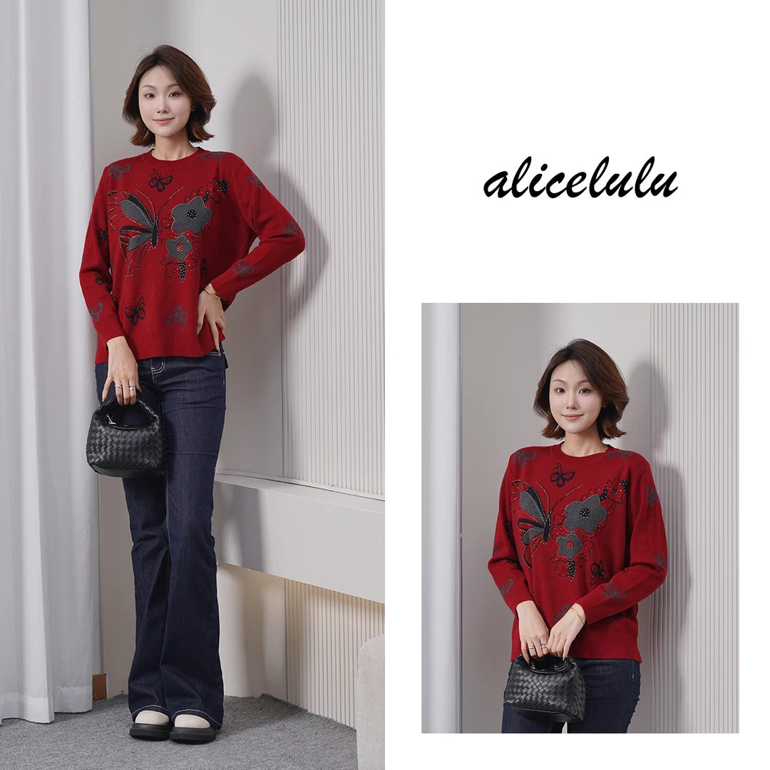 alicelulu蝶舞纷飞.时尚圆领针织衫宽松显瘦S2145553U