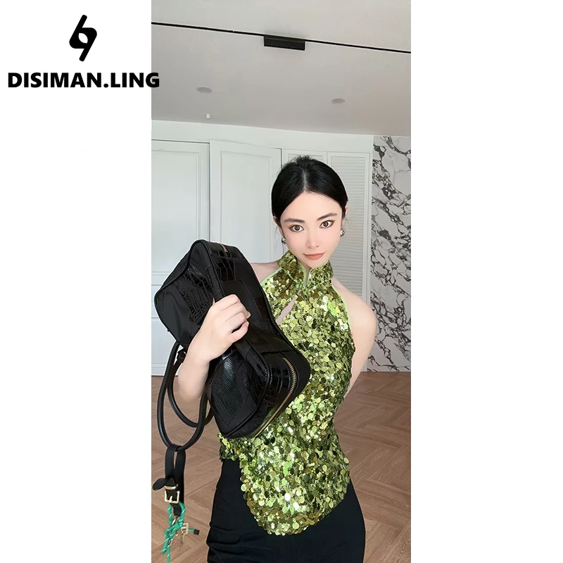 迪丝嫚苓绿色上衣春夏新款时尚女士性感短款修身小众设计感原创