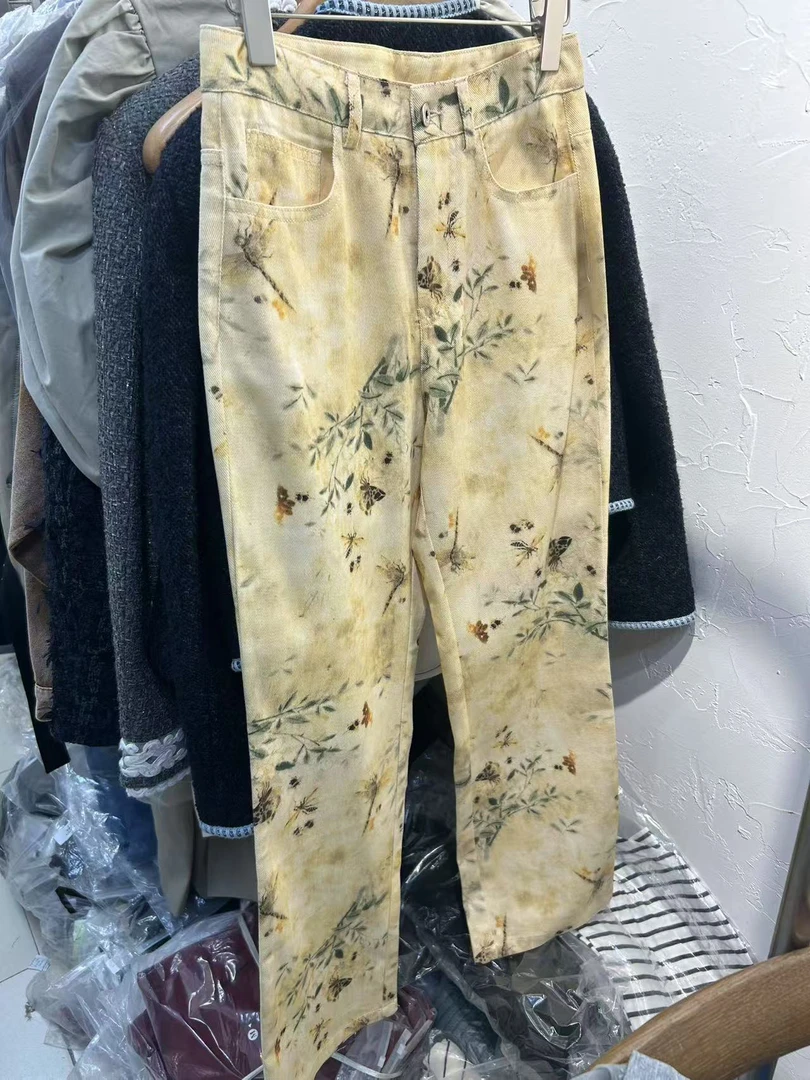 博主风 黄色系花朵直筒牛仔裤